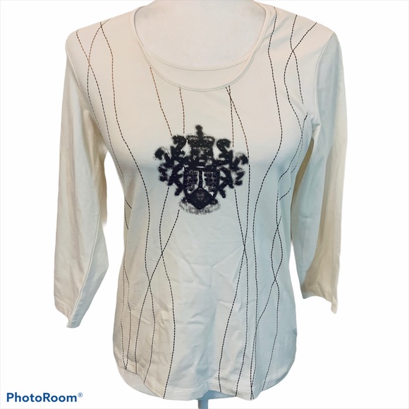 Bianca Cream Long Sleeve Tee Brown Center Stitching Sz 36 - Picture 1 of 3
